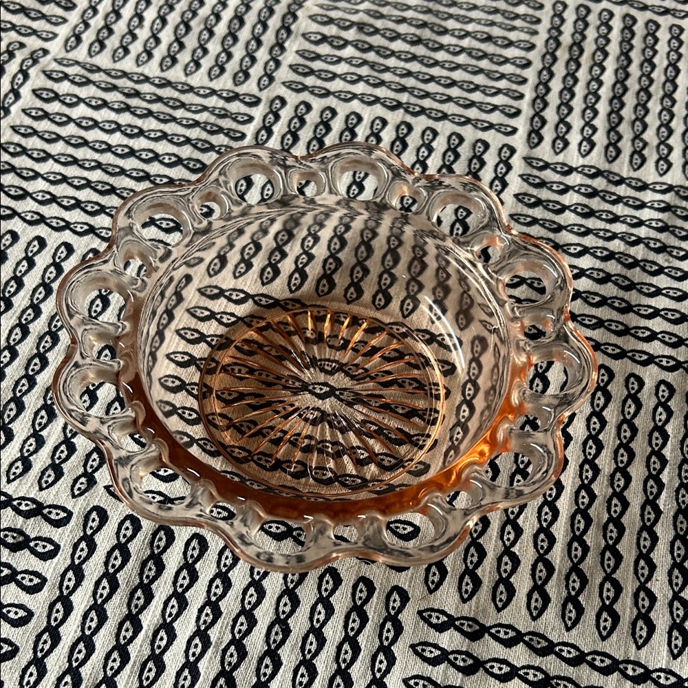 pink Depression Glass Scalloped Serving Bowl with Amber Accent
